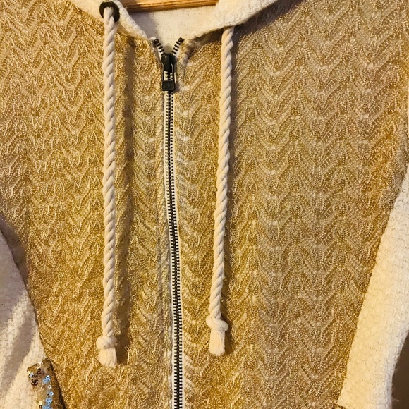 Miss Me Small Gold Ivory Cream Zip Hooded Sweater - Picture 3 of 8